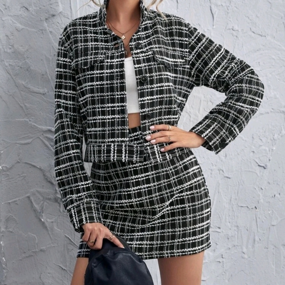 NEW Plaid Tweed Jacket & Skirt Set Size L